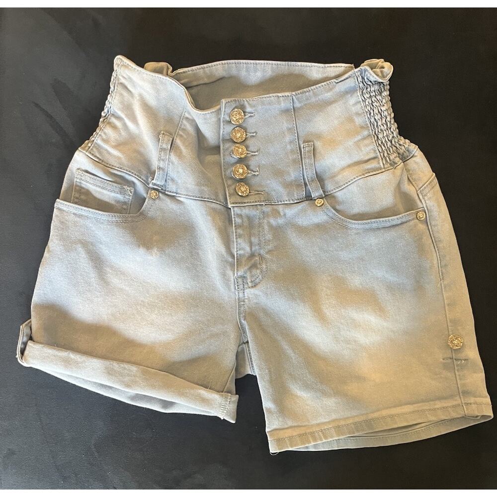 Tush Push Denim Womens Shorts 14 Blue High Rise Smocked Waist Ornate Button